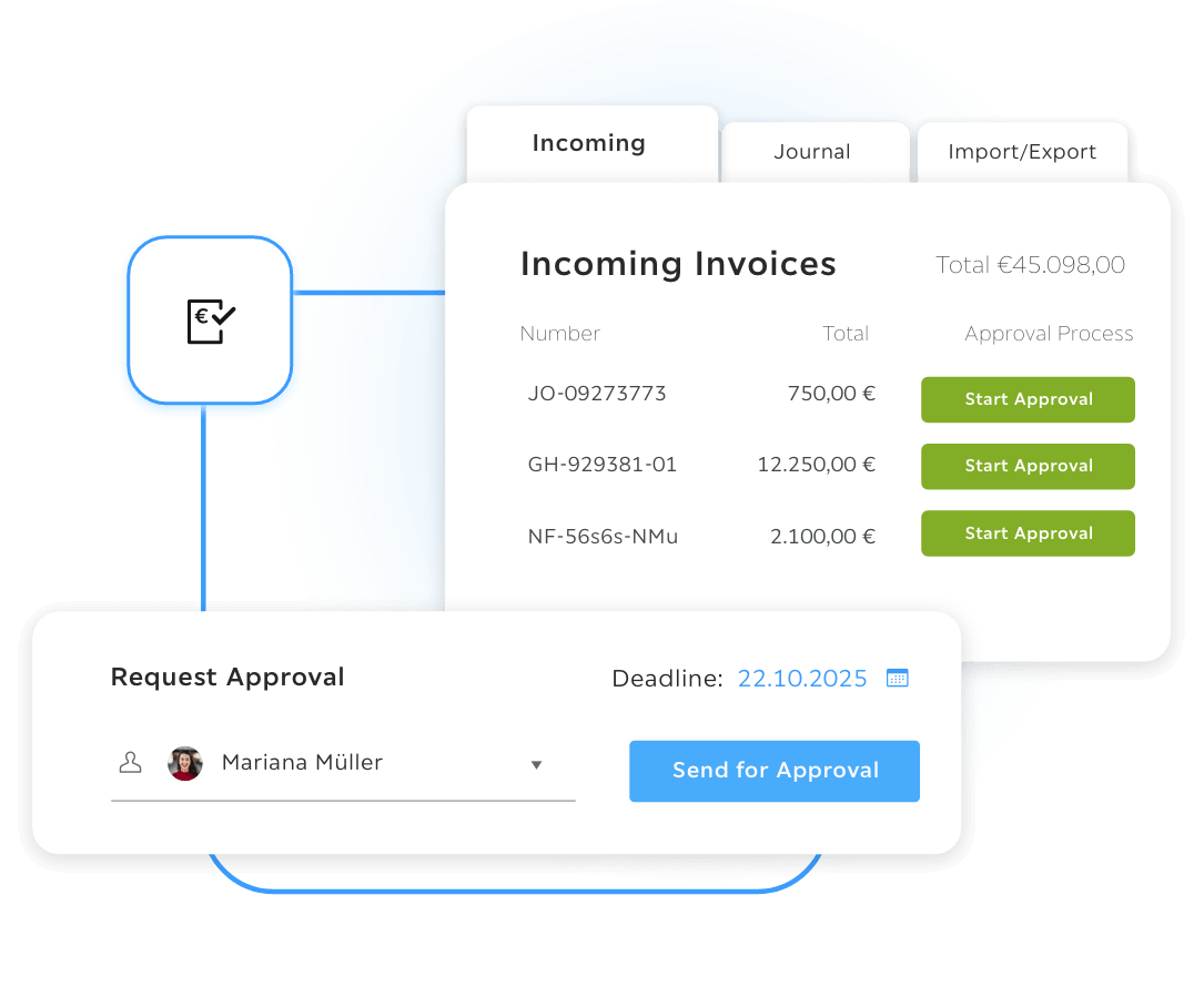 Incoming invoices overview in Troi showing multiple invoices with totals and Start Approval buttons, plus a request approval panel where an approver and a deadline can be selected to trigger the approval workflow.