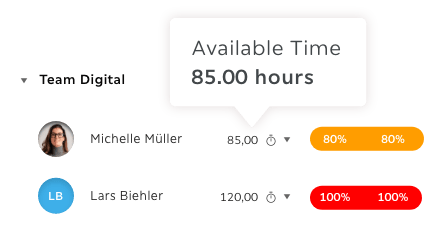 Available-Time-Shared-Resource Troi team resource view showing available time of 85 hours and workload percentages for digital team members