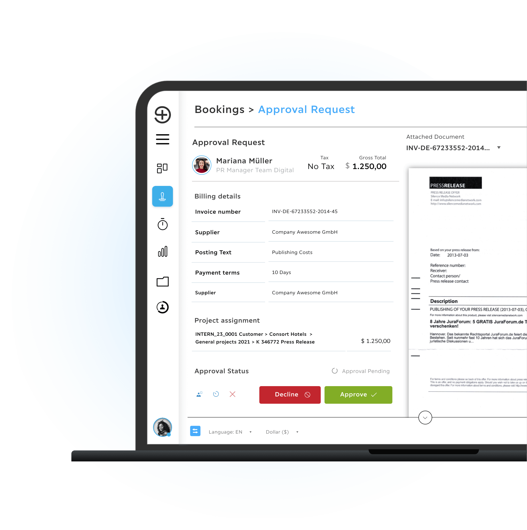 Booking-Approval-Hero-Side Troi approval request screen showing invoice details, supplier information, project assignment and an attached document with approve and decline buttons for controlled financial approval workflows.