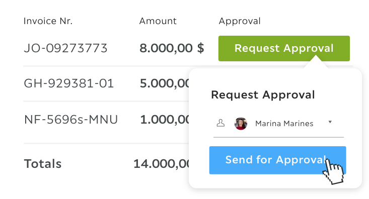 Invoice approval panel showing invoice numbers, totals, and a Send for Approval action with selected approver.