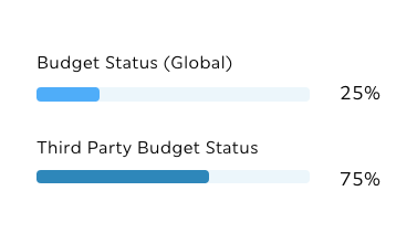 Budget status overview in Troi showing global budget usage at 25 percent and third party budget usage at 75 percent with horizontal progress bars for quick comparison.
