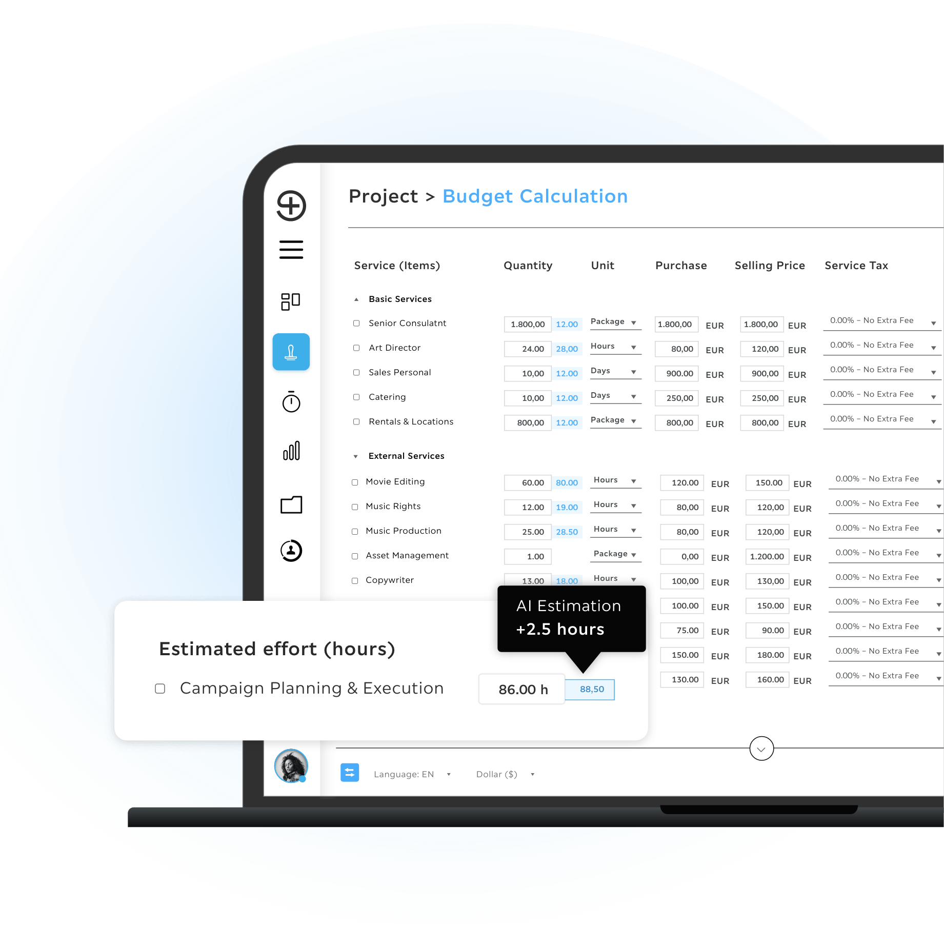 Budget calculation screen showing service items with quantities, units, purchase and selling prices, plus an estimated effort field where AI adds 2.5 hours, increasing the total to 88.5 hours.