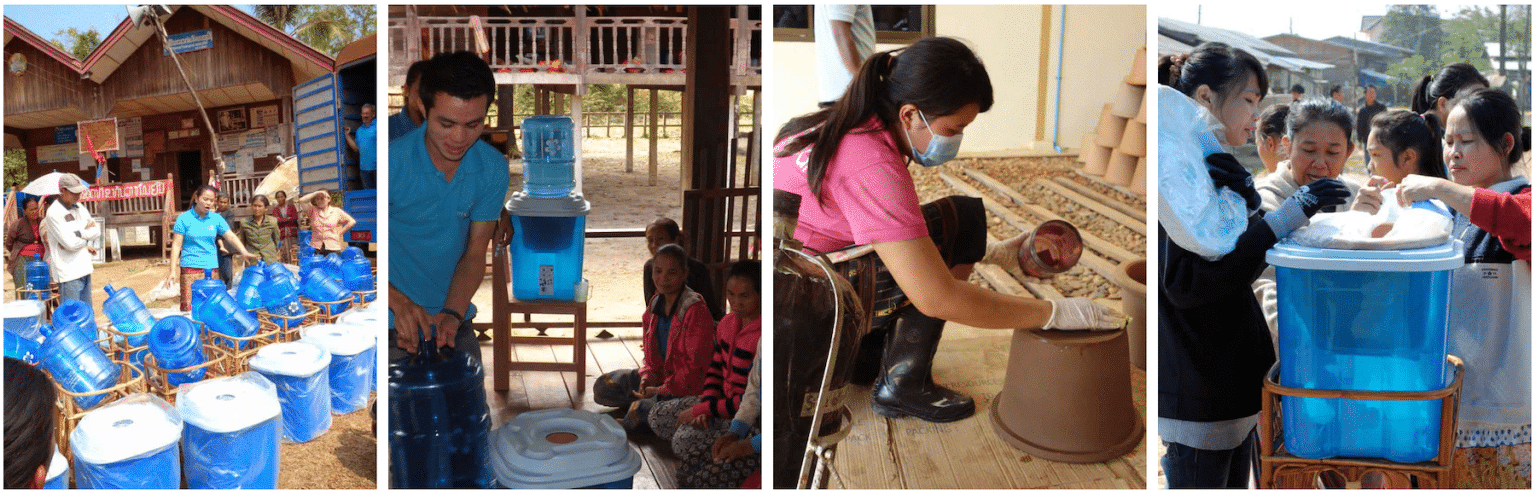 Community water project by ClimatePartner showing water filter distribution, installation, and access to clean drinking water.
