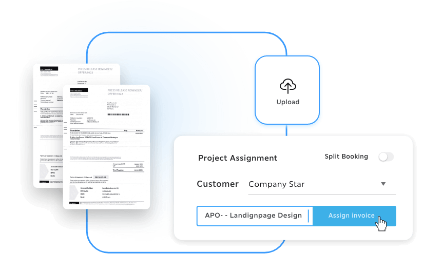 Troi invoice upload workflow showing a document being uploaded and assigned to a specific project and customer with an assign invoice button for project based cost allocation.