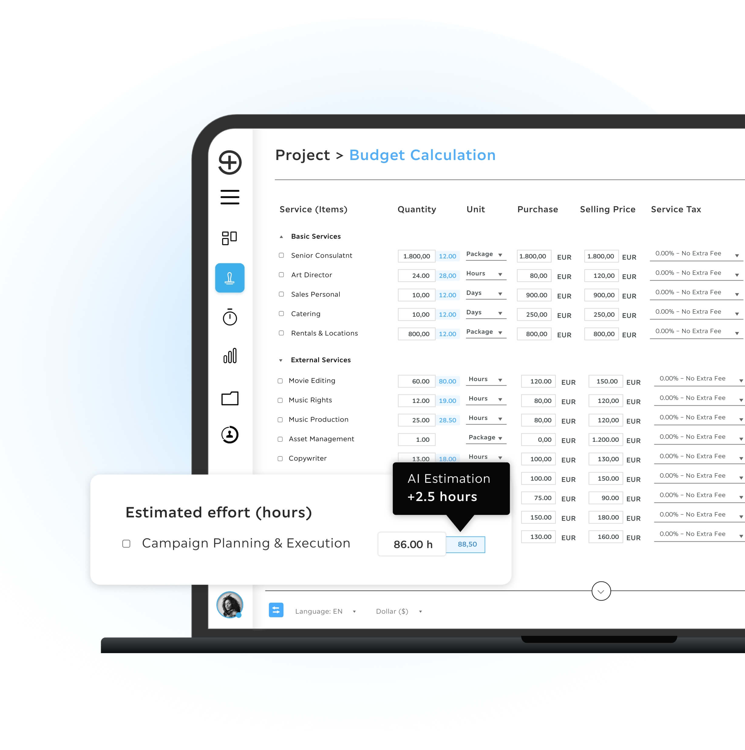 Troi budget calculation screen showing service items with quantities, units, purchase and selling prices, service tax, and an AI based effort estimate adjusting total project hours.