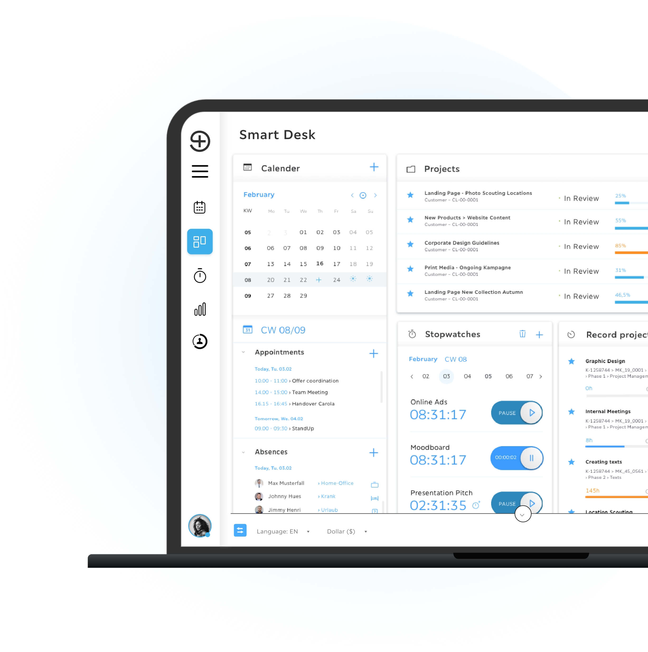 A Troi Smart Desk dashboard showing a calendar, project list with progress bars, appointments, and running time trackers in a clean modern interface