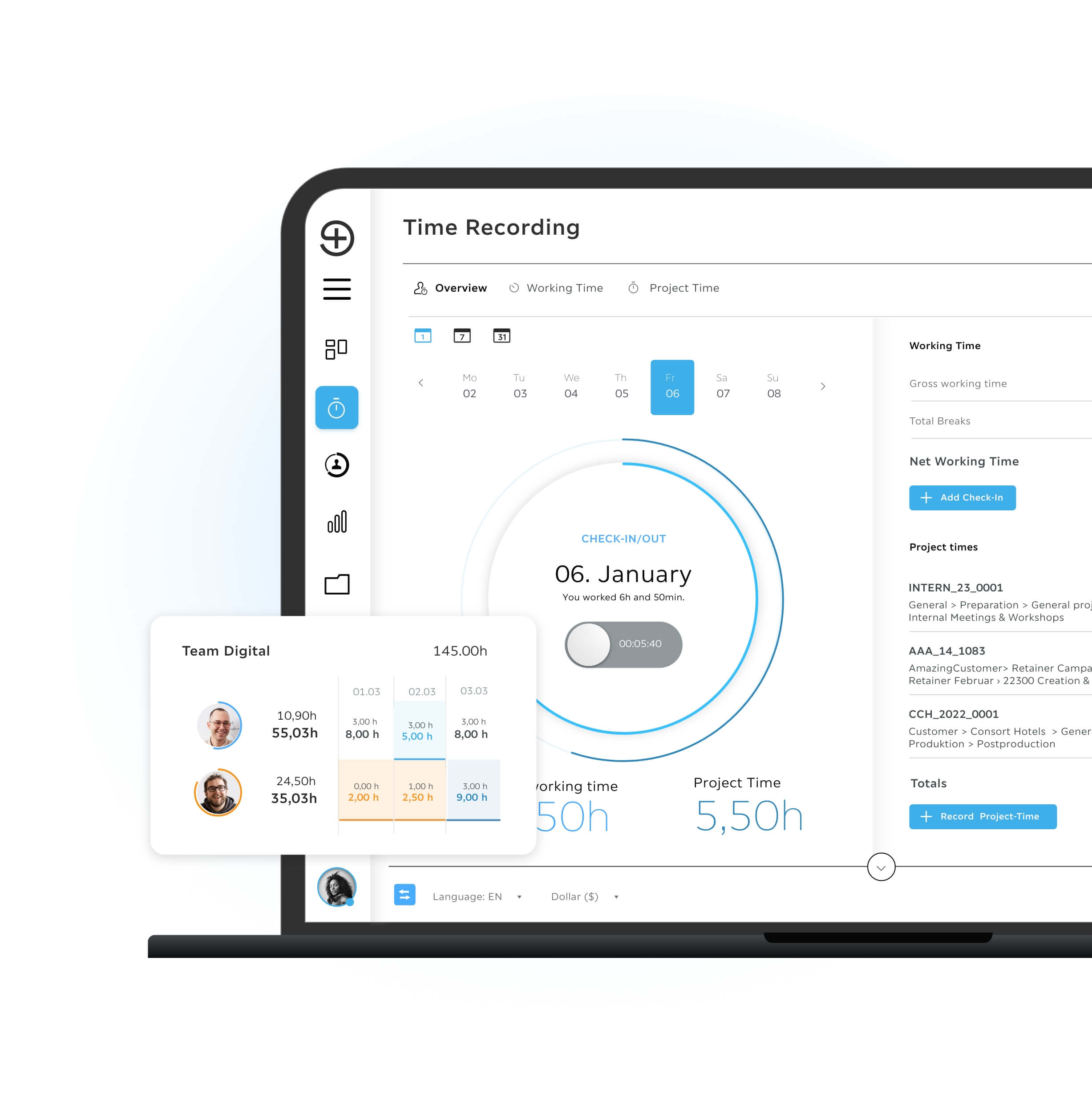 Troi time recording screen showing a daily check in and check out view with a circular time tracker, net working time, project time, and a team overview with logged hours per person and per day.