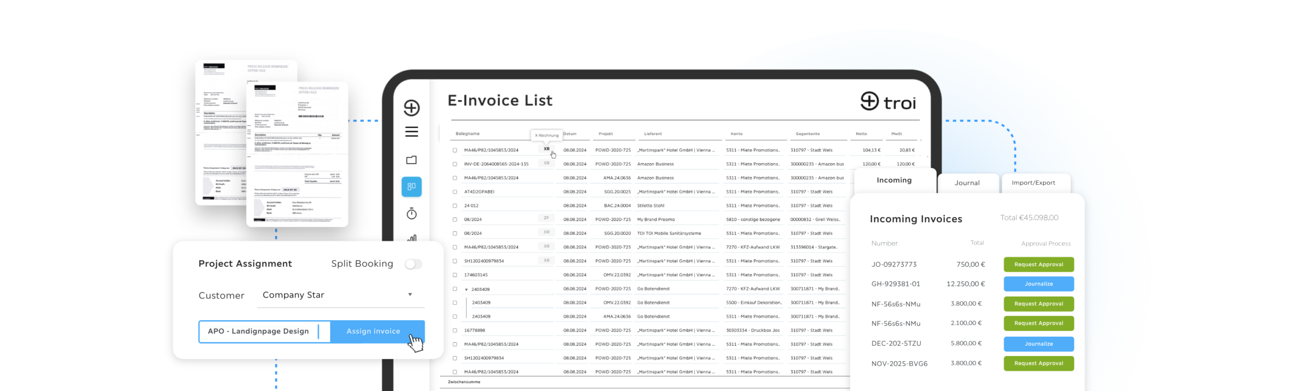 Troi e invoice list showing incoming invoices with approval and journal actions and a project assignment panel where an invoice is assigned to a landing page design project.