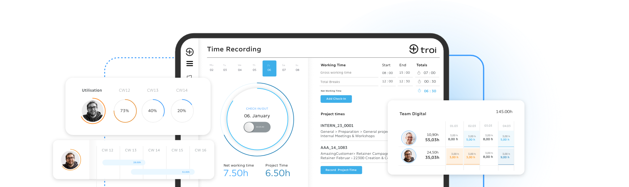 Time recording dashboard in Troi showing a circular check in and check out timer for January 6 with net working time of 7.5 hours and project time of 6.5 hours. The interface also displays team utilisation for calendar weeks 12 to 14 and a team overview with logged hours for Team Digital.